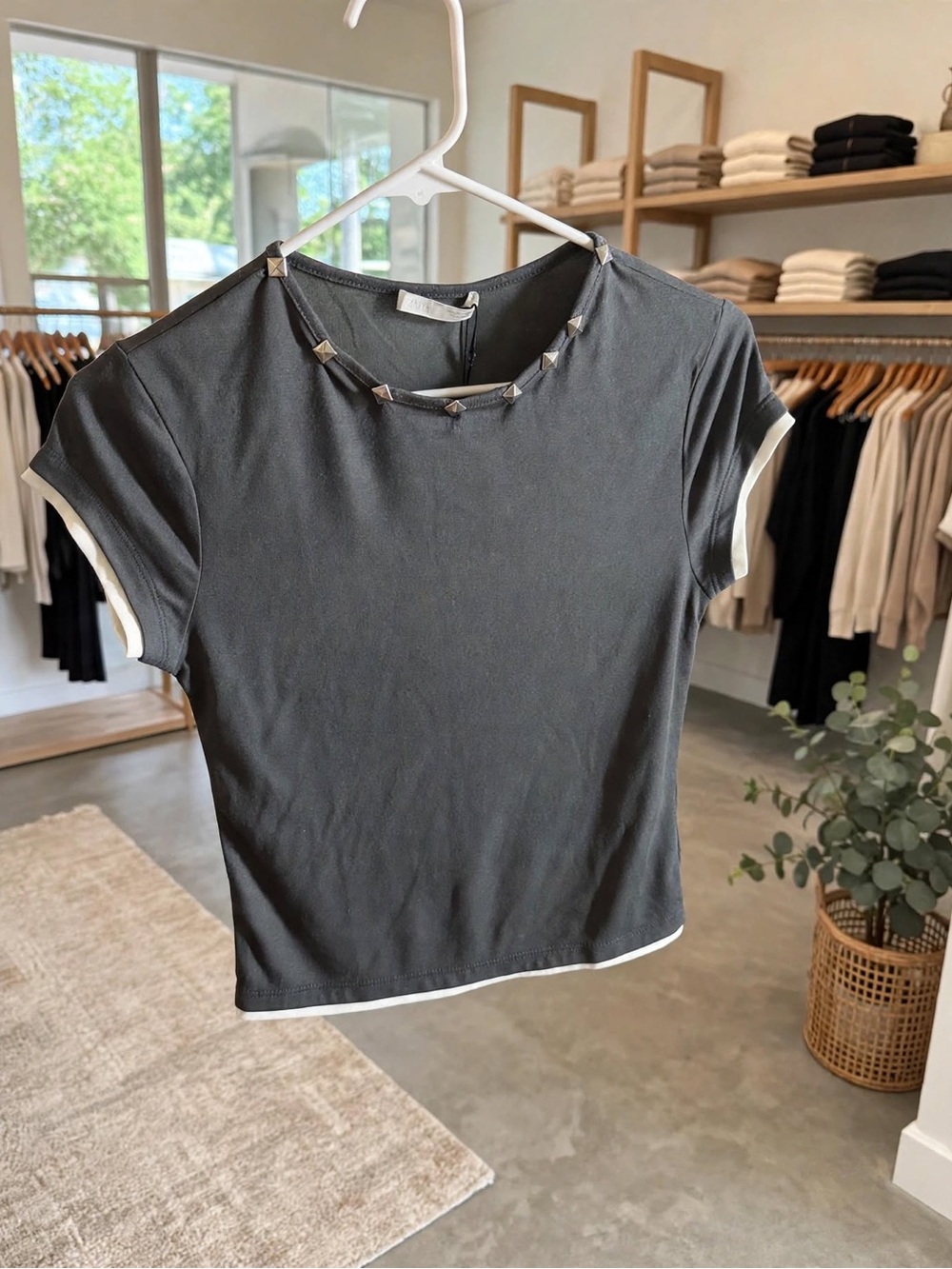 Zara Black Short Sleeve Top with White Trim and Stud Accents